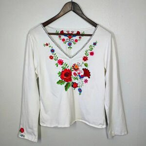 White Stag Bohemian Floral Bird Embroidered Long Sleeve White Top Size Small
